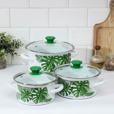 Набор эмалированной посуды 6 пр, кастрюли 1.5, 2.3, 5 л, Керчь, Монстера, бел