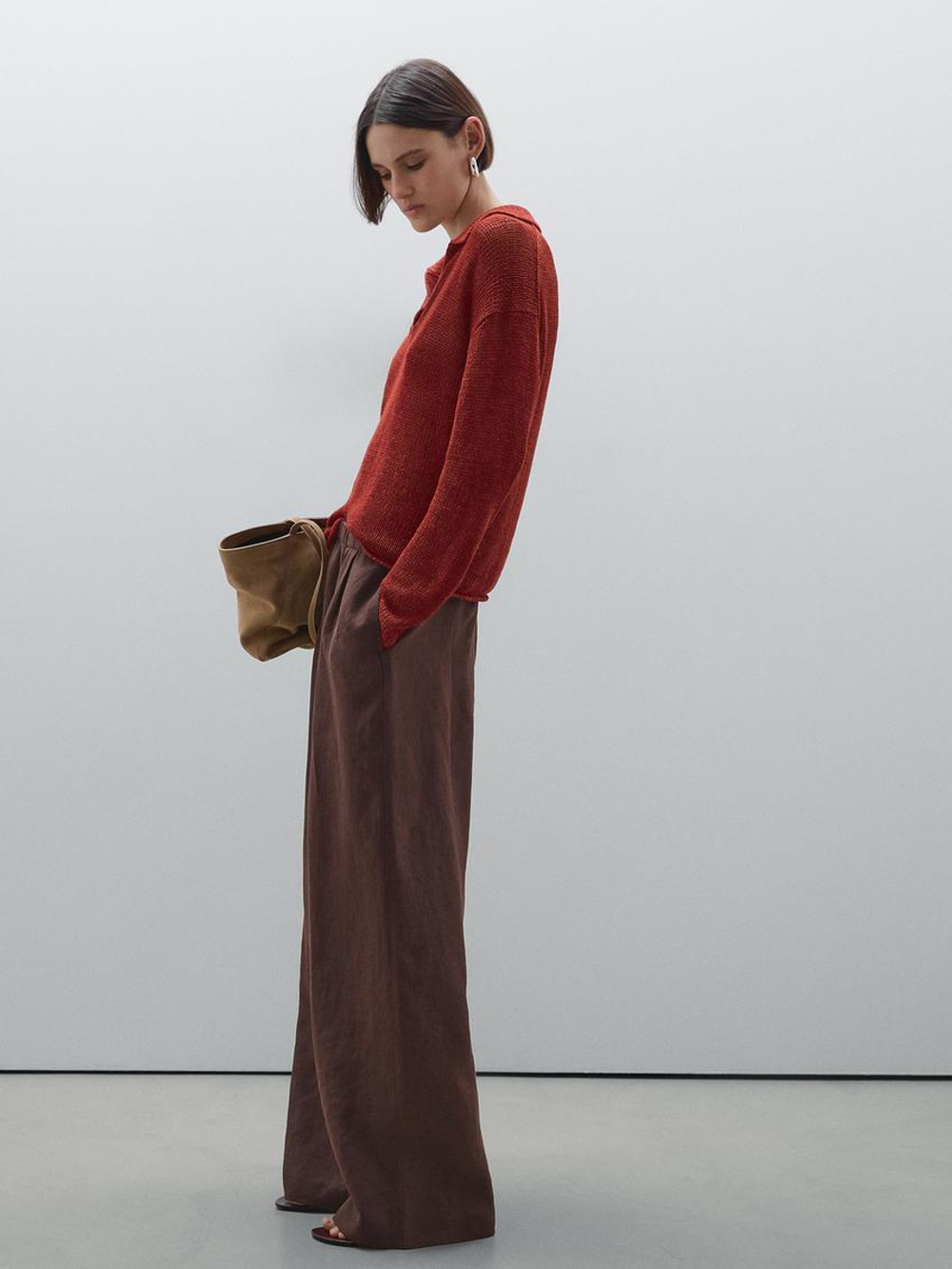 Massimo Dutti Струящиеся брюки из 100% льна, гранатовый