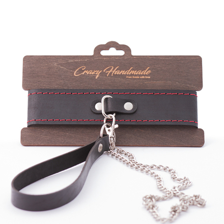 Ошейник из натуральной двухслойной кожи с красной строчкой и поводок с кожаной ручкой