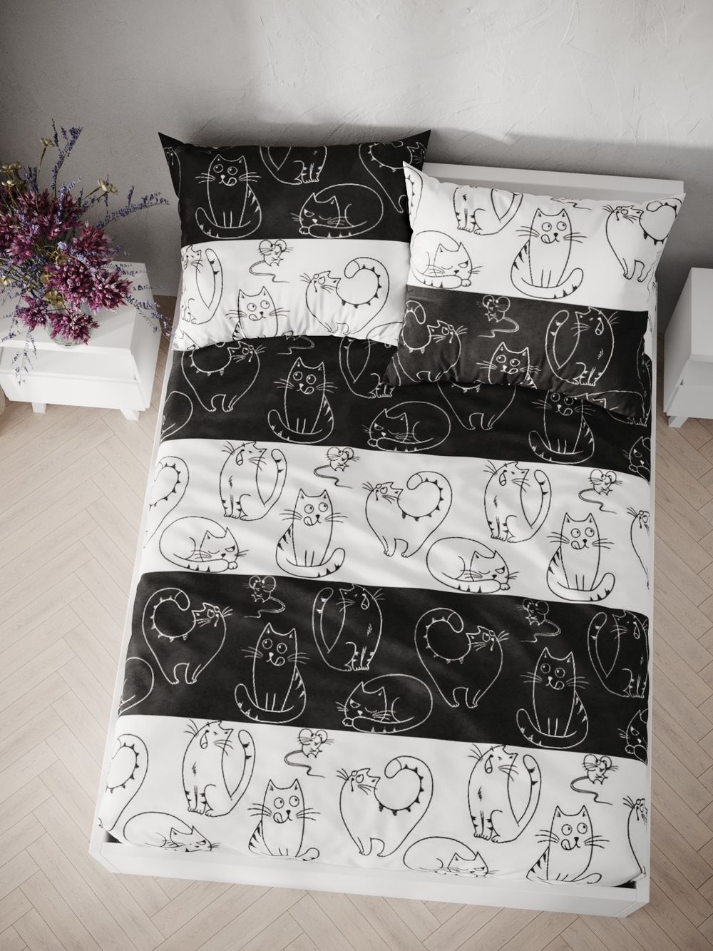 Постельное белье "Кошки и мышки" 2-спальный  наволочки 50х70 2шт Простынь на резинке 160х200 см Пододеяльник 175х215 см Сказка сатин