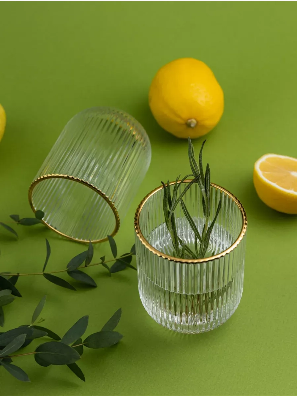 Набор ребристых стаканов для воды, 6 шт. с золотой каймой