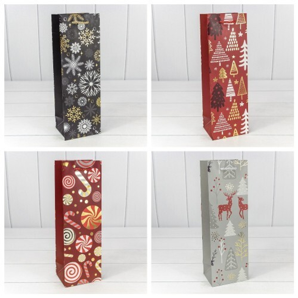 Пакет подарочный 11.5 х 35 х 9 см Набор 4 шт "Новый год" Под бутылку (Микс)