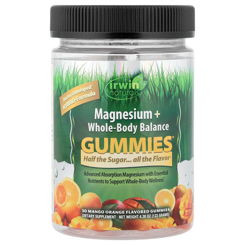Irwin Naturals, магний и баланс всего организма, со вкусом манго и апельсина, 30 жевательных таблеток