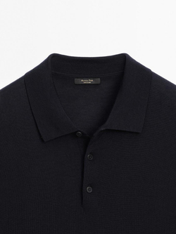Massimo Dutti Поло из смесовой шерсти с воротником поло и короткими рукавами, темно-синий
