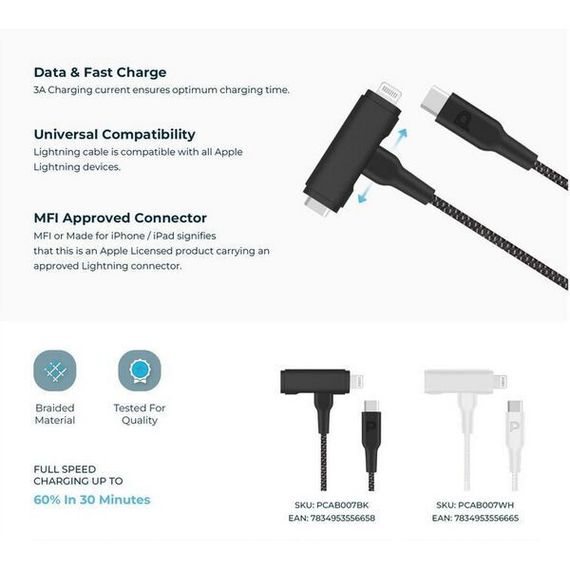 Кабель Powerology USB-C to USB-C + Lightning PD60W (PCAB007WH) White