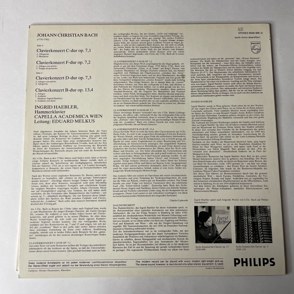 Винтажная виниловая пластинка LP J. Chr. Bach Бах, Ingrid Haebler, Capella Academica Wien, Eduard Melkus Konzerte Fur Clavier Und Orchester Op. 7 Nr. 1, 2, 3 Und Op. 13 Nr. 4 (Нидерланды 1974)