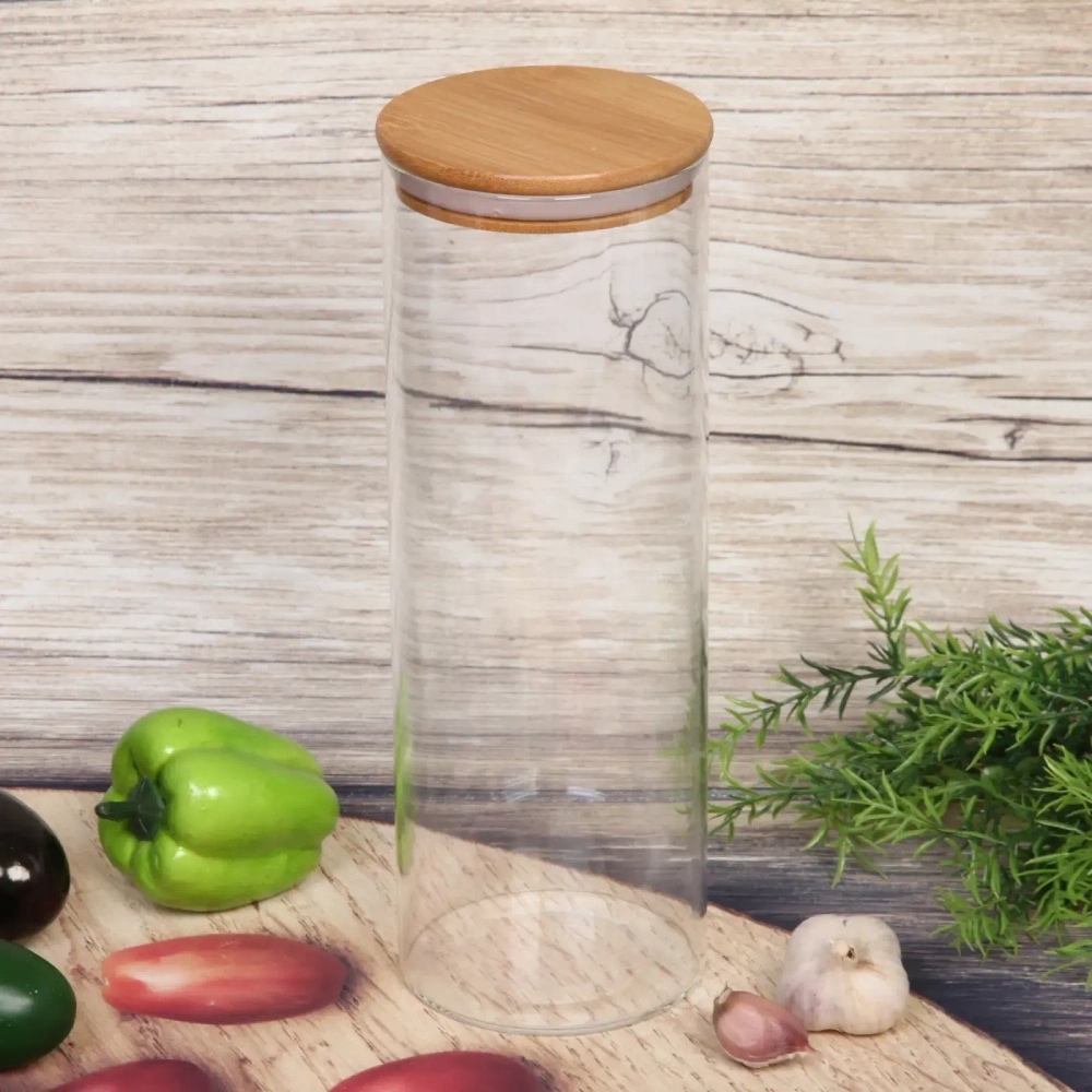 Банка для продуктов стеклянная 1800мл «Хай-Тек» с бамбуковой крышкой 10*28см