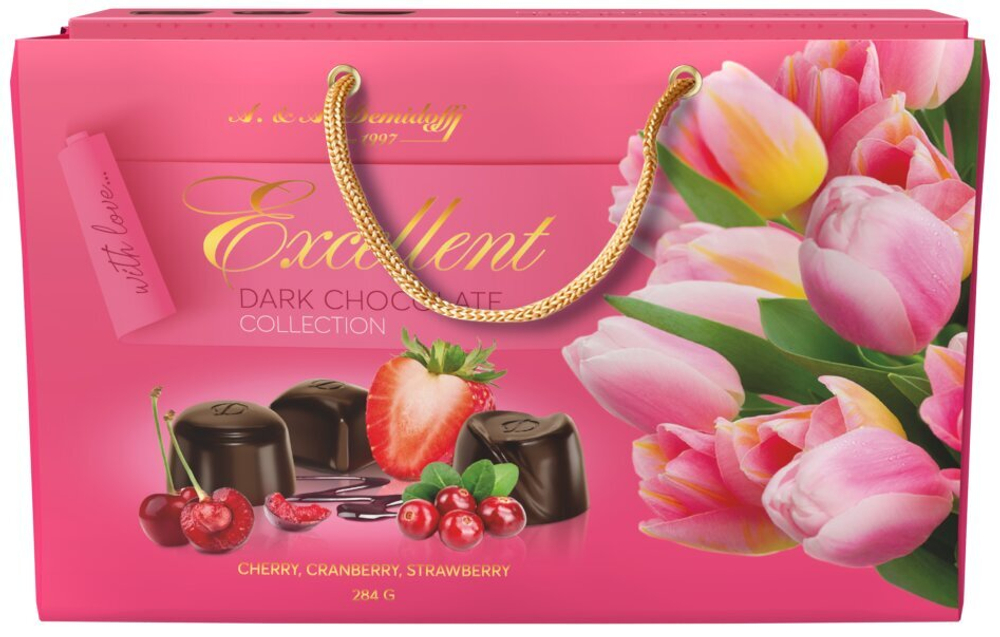 Ассорти конфет Demidoff из темного шоколада с Вишневым вареньем, клюквой и клубникой в сумке 284г