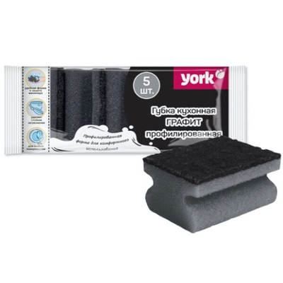 Губки для посуды Графит профильные 5шт 8,5*6,5*4см поролон 18кг/м3, фибра 500г/м2 YORK