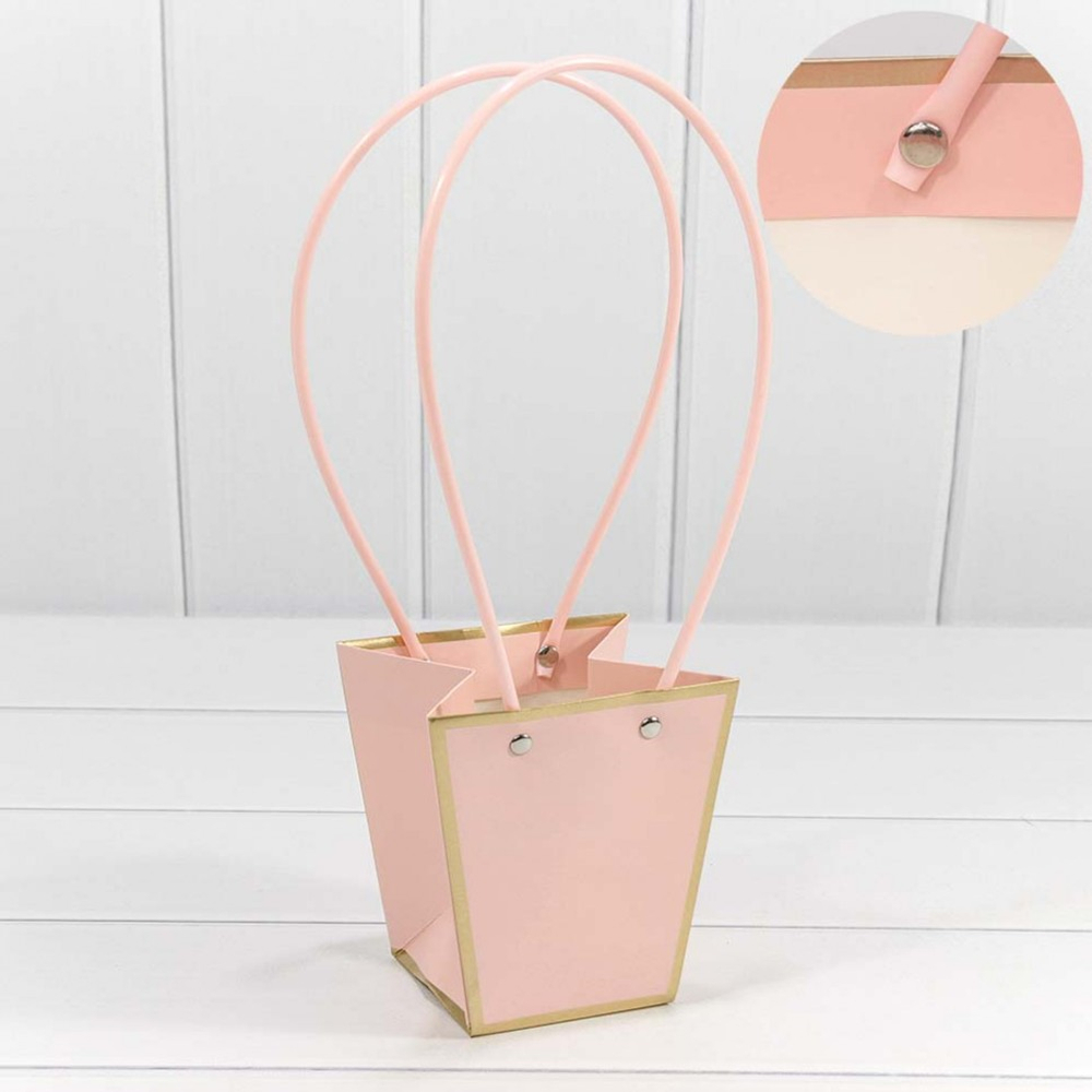 Пакет подарочный 12.5х12х8см Ваза для цветов с золотой рамкой (Розовый)