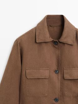 Massimo Dutti Льняной блейзер с карманами и поясом, коричневый