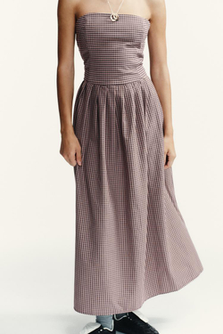 ZARA ПЛАТЬЕ МИДИ БЕЗ БРЕТЕЛЕЙ В КЛЕТКУ ВИШИ, ТЕМНО-РОЗОВЫЙ