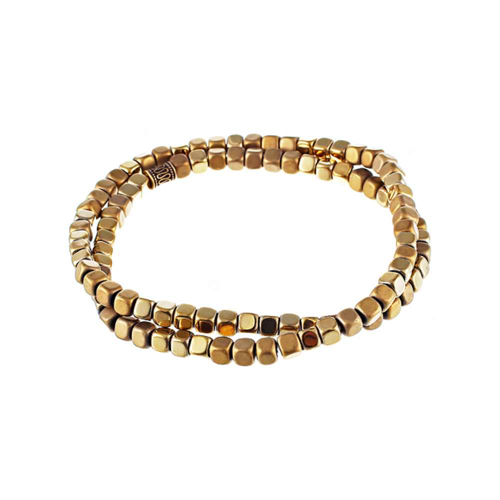 Стильный солидный модный мужской браслет на два оборота золотистый из камня гематита на резинке JV TOE-675-60136 в подарочной упаковке
