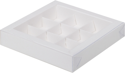 Коробка для 9 конфет с пластиковой крышкой 155*155*30 мм (белая)