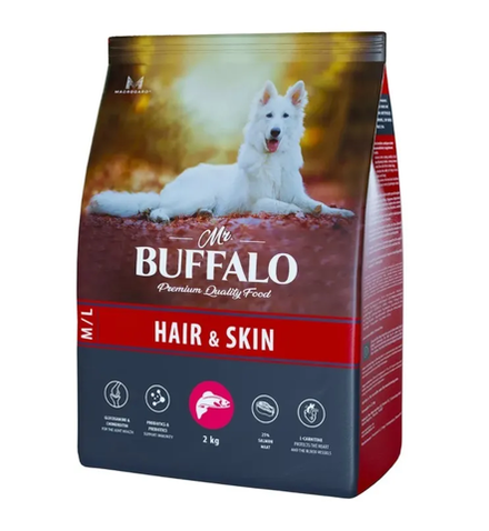 Mr.Buffalo 2кг Adult Hair&Skin Care Сухой корм для кожи и шерсти для взрослых собак средних и крупных пород Лосось