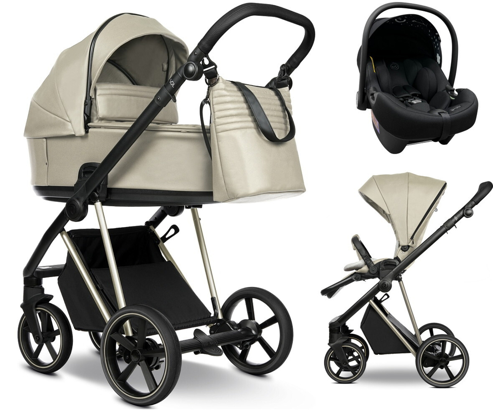 Детская коляска Roan Sol Vintage Luxury Leather 3 в 1 с автокреслом Tutis Elo Lux EduSky Black VEGA11DB Almond Sugar /Champagne/руч.Champagne