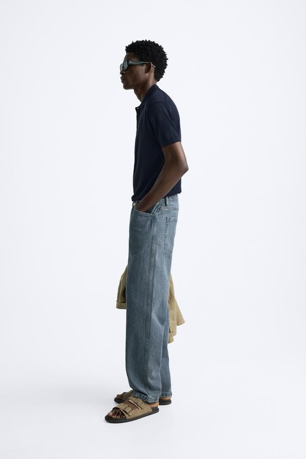 ZARA ТРИКОТАЖНОЕ ПОЛО ИЗ ХЛОПКА И ШЕЛКА, МОРСКОЙ СИНИЙ