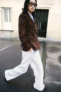 ZARA ДВУБОРТНЫЙ БЛЕЙЗЕР ИЗ 100% ЗАМШИ, КОРИЧНЕВЫЙ