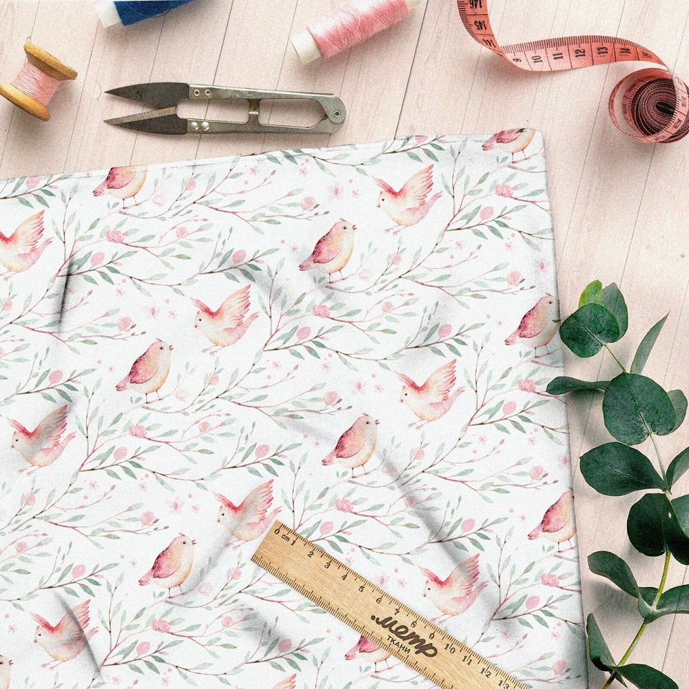 Ткань футер 2-х нитка птички с веточками