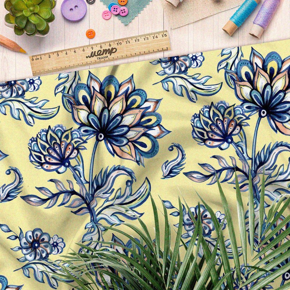 Ткань дюспо расписные цветы на жёлтом фоне