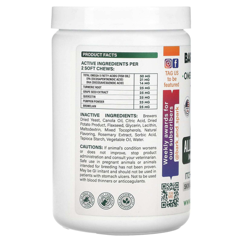 Bark&Spark, жевательная таблетка от аллергии и зуда, для собак, курица, 180 жевательных таблеток, 369 г (13,9 унции)