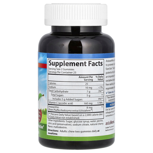 Carlson, жевательные таблетки с ферментированным астаксантином с витамином C, натуральная вишня, 8 мг, 46 вегетарианских жевательных таблеток (4 мг в 1 жевательной таблетке)