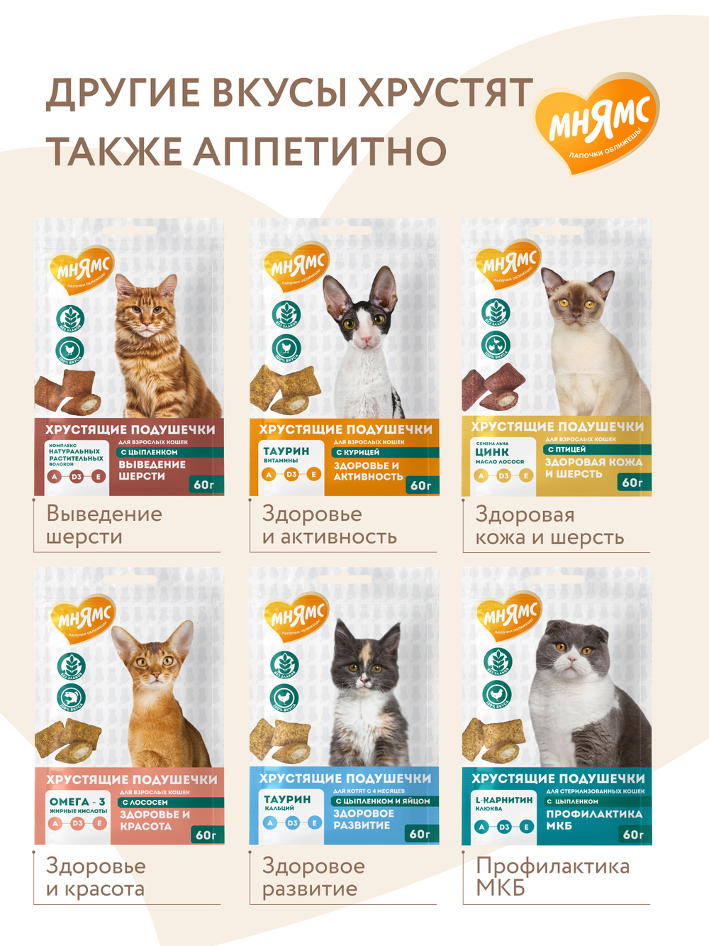 Лакомство Мнямс "Здоровые зубы" хрустящие подушечки для кошек с цыпленком 60 г.