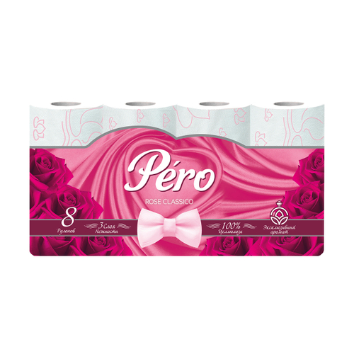 Туалетная бумага Pero, трехслойная, 8 рулонов, белая, 232869