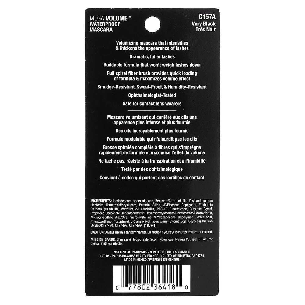 wet n wild, Водостойкая тушь для ресниц Mega Volume, C157A Very Black, 6 мл (0,21 жидк. Унции)
