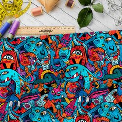 Ткань премиум таффета толпа мультяшных монстров