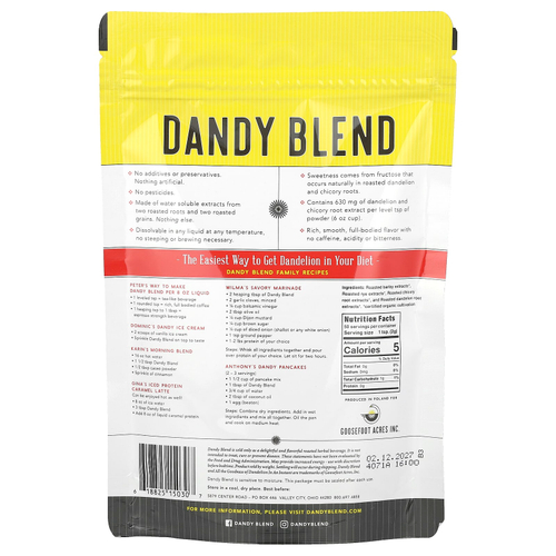 Dandy Blend, растворимый травяной напиток с органическим одуванчиком, без кофеина, 100 г (3,53 унции)