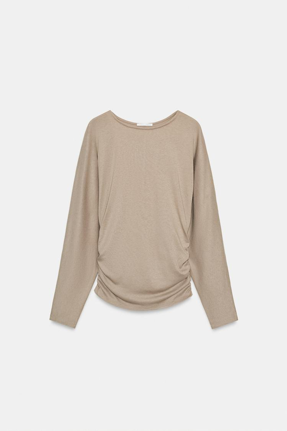 ZARA ФУТБОЛКА С ДРАПИРОВКОЙ, СЕРОВАТО-КОРИЧНЕВЫЙ