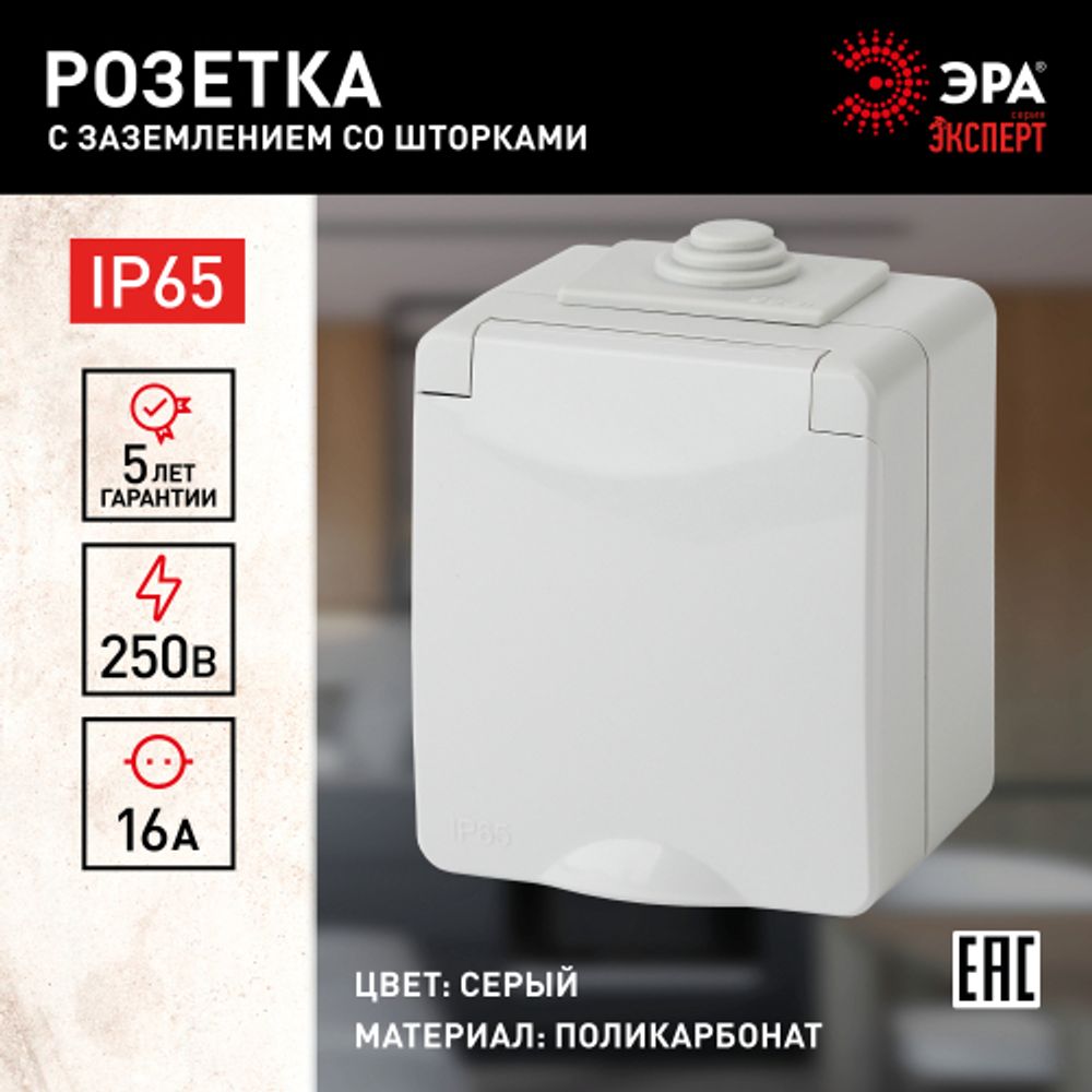 11-2602-03 ЭРА Розетка 2P+E IP65, шторки, 16A-250В, ОУ, серый