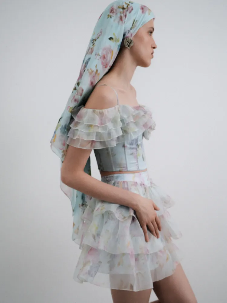 Мэй (May), топ из голубой органзы с цветочным принтом