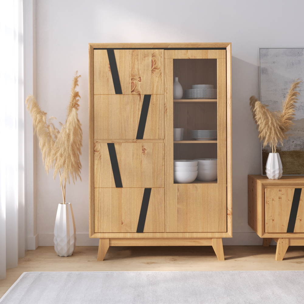 Шкаф для посуды 21 ALINA из дерева, цвет светлое дерево/ черный