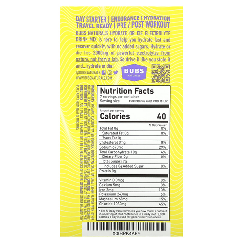 BUBS Naturals, Hydrate or Die, смесь для приготовления электролитов, лимон, 7 палочек по 14 г (0,4 унции)