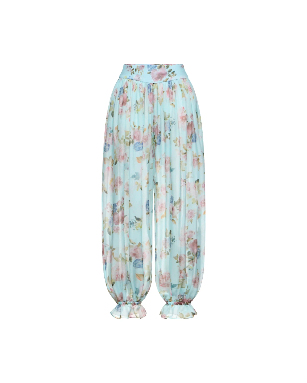 Эви (Evie), брюки с рюшей из голубого шифона с цветочным принтом