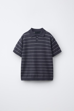 ZARA ПОЛО ИЗ ХЛОПКА И ЛЬНА В ПОЛОСКУ, СЕРЫЙ/БЕЖЕВЫЙ
