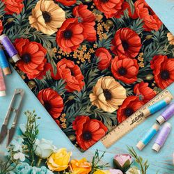 Ткань премиум флис крупные маки на серых листьях