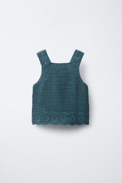 ZARA ТОП ИЗ КРУЖЕВА КРОШЕ С ЦВЕТОЧНЫМ УЗОРОМ, УТИНО-СИНИЙ