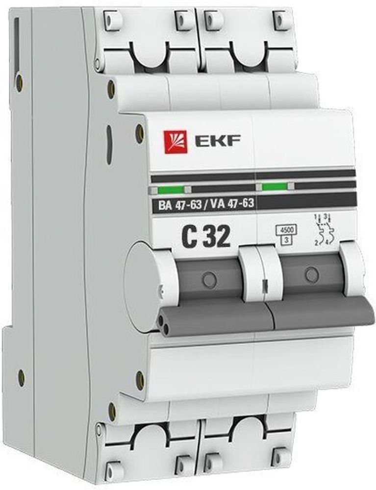 Автоматический выключатель ВА 47-63, 2P 32А (C) 4,5kA EKF PROxima mcb4763-2-32C-pro