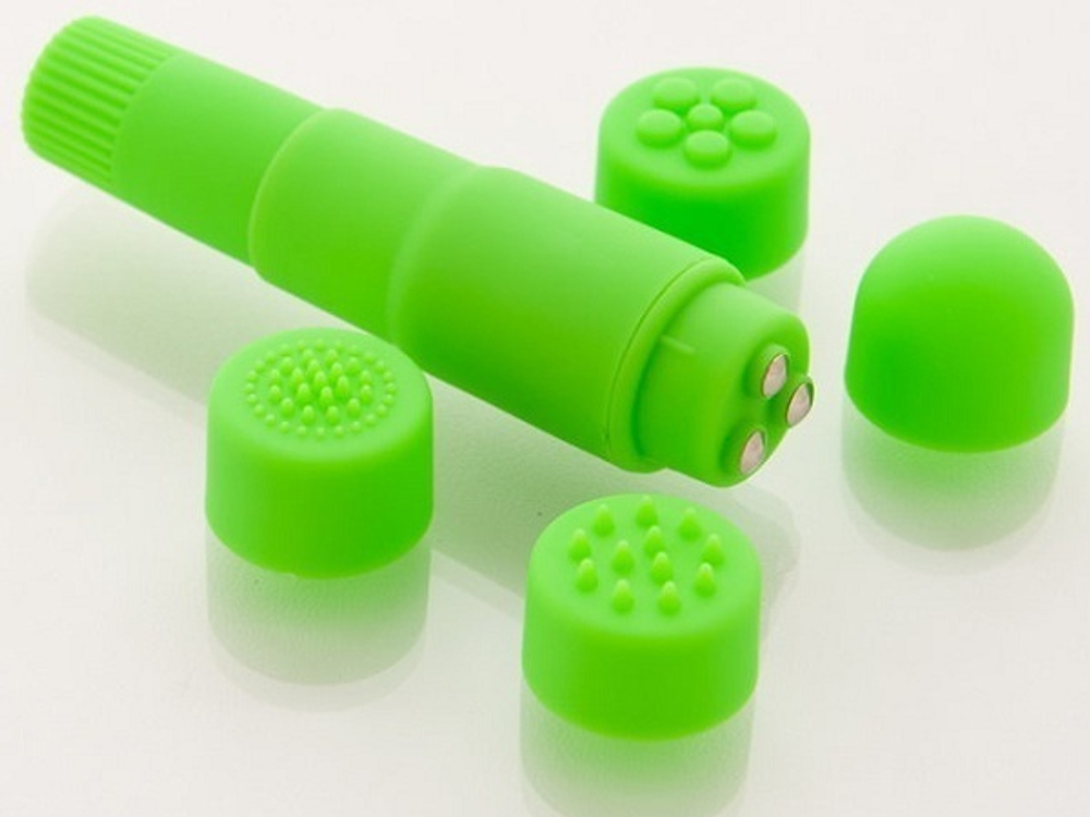 Компактный зеленый вибромассажер  с 4 насадками