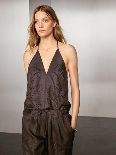 Massimo Dutti Брюки-баллоны из льняной смеси с вышивкой, шоколадный
