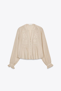 ZARA УКОРОЧЕННАЯ БЛУЗА С АЖУРНОЙ ВЫШИВКОЙ, ПЕСОЧНЫЙ
