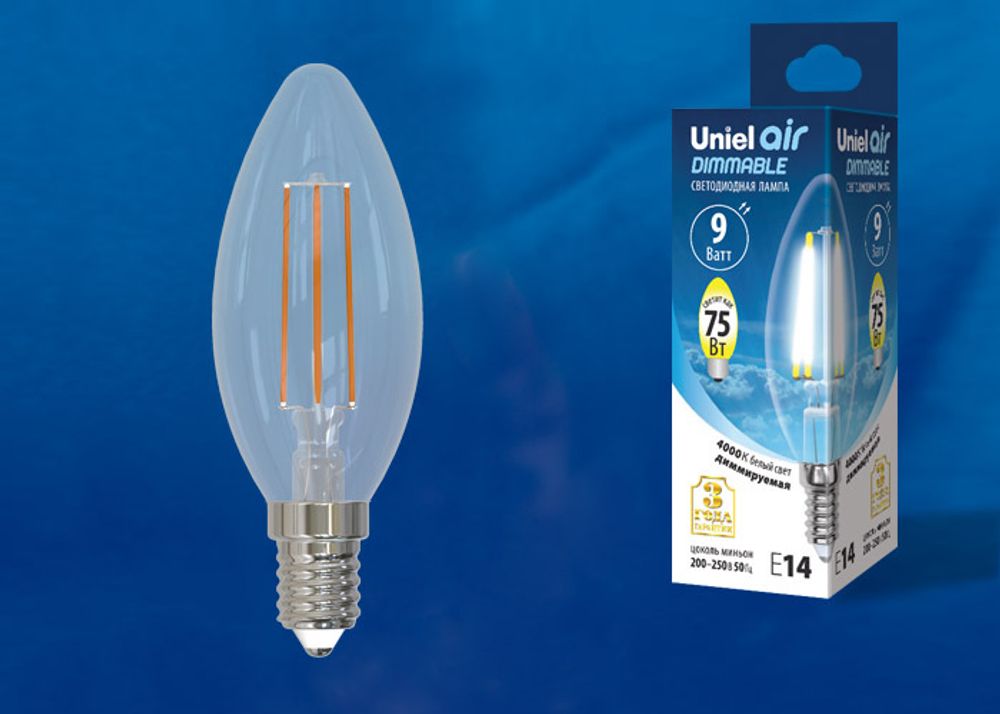 LED-C35-9W/4000K/E14/CL/DIM GLA01TR Лампа светодиодная диммируемая. Форма свеча, прозрачная. Серия Air. Белый свет (4000K). Картон. ТМ Uniel.
