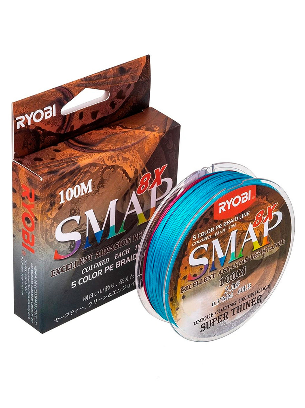 Шнур плетеный для рыбалки Ryobi SMAP PE8X-100M Multi Colour 6.0# 0,405мм