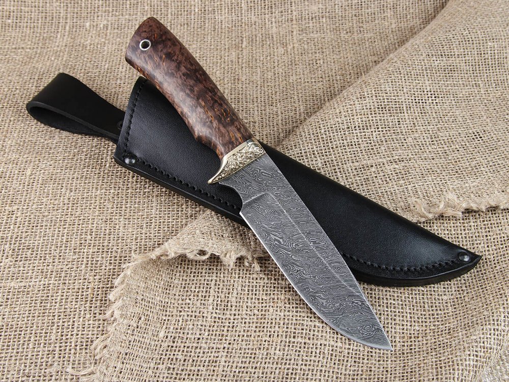 Нож "Медведь", дамасская сталь, рукоять стабилизированная карельская береза