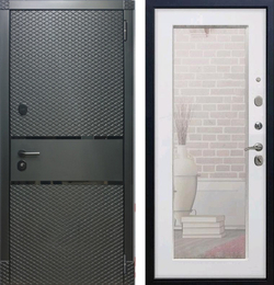 Входная металлическая дверь с зеркалом RеX (РЕКС) 15 Чешуя кварц черный, фурнитура хром / Пастораль белый ясень