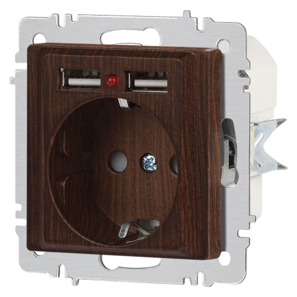 Розетка Intro Accent 6-410-10 , P+E Schuko со шторками, 16А-250В + 2хUSB, IP20, СУ, венге