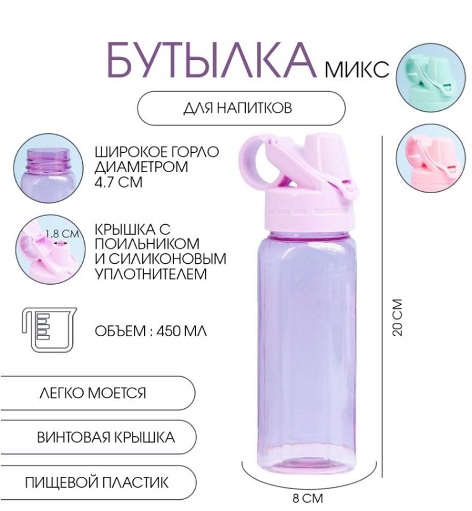 Бутылка для воды прозрачная, 450 мл, 20×8 см